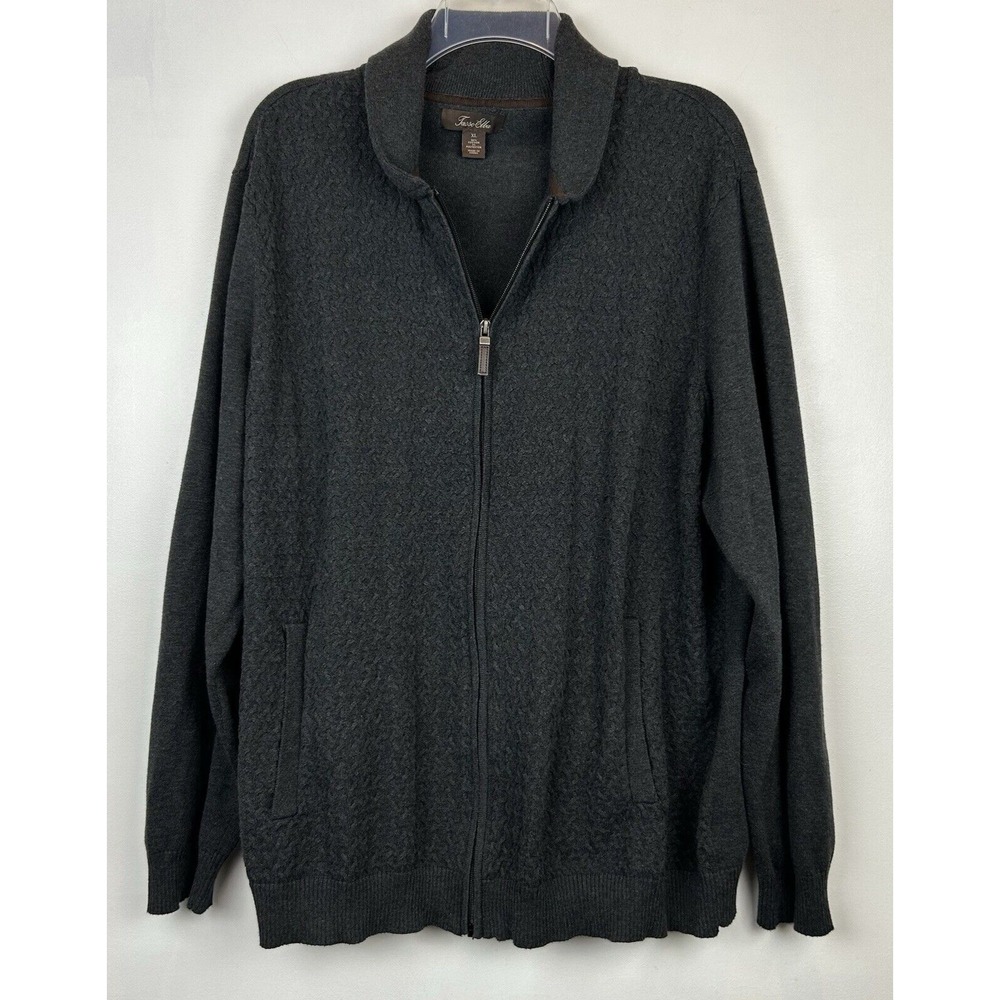 Tasso Elba Sweater Mens XL Full Zip Cardigan Gray Grandpa Preppy Shawl Collar